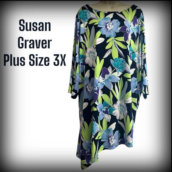 Susan Graver Bright Floral Blouse 3/4 Sleeve Top Asymmetrical Side Hem Plus Size - Picture 8 of 8